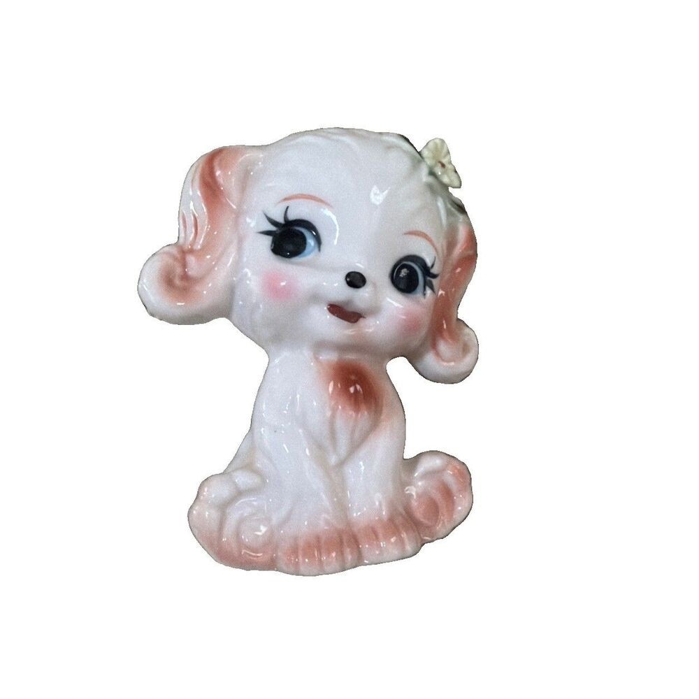 Vintage Kitschy Dog Figurine Long Eyelashes MCM Floral White Brown 3.25” Tall